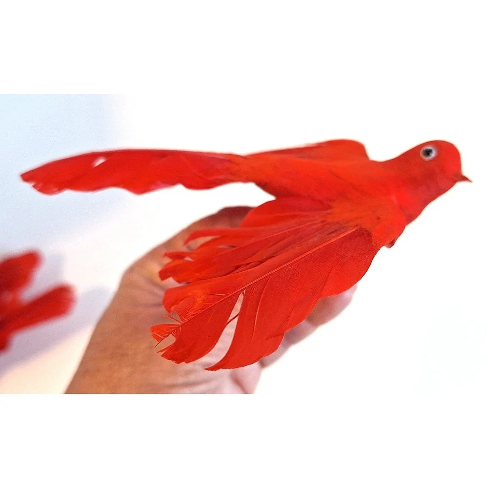 Vintage Red Feathered Bird Floral Picks Set of 3 Christmas Decor Craft Supplies
